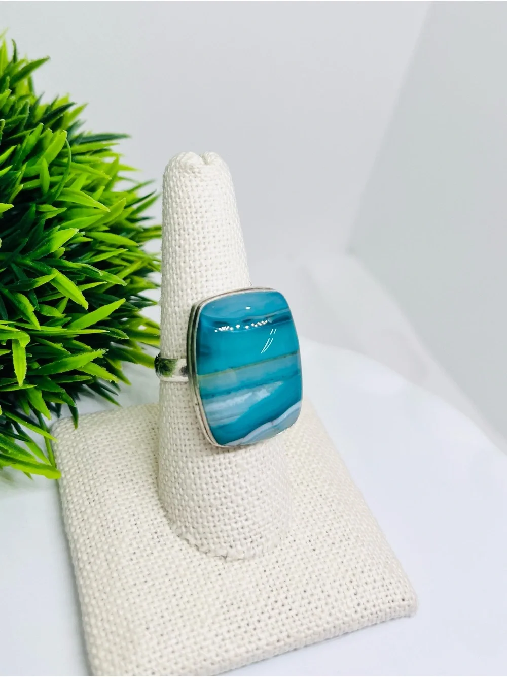 Botswana Agate Blue Ring with Banding Sterling Overlay - Picture 2 of 6